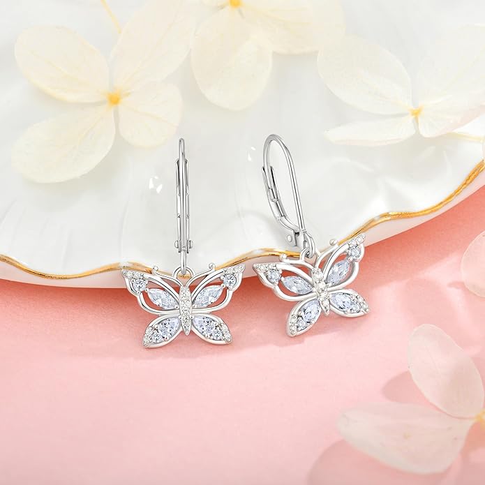 Women's Butterfly Leverback Dangle Earrings 925 Sterling Silver 5A Cubic Zirconia Jewelry for Valentine Mother's Day Birthday Gifts for Her