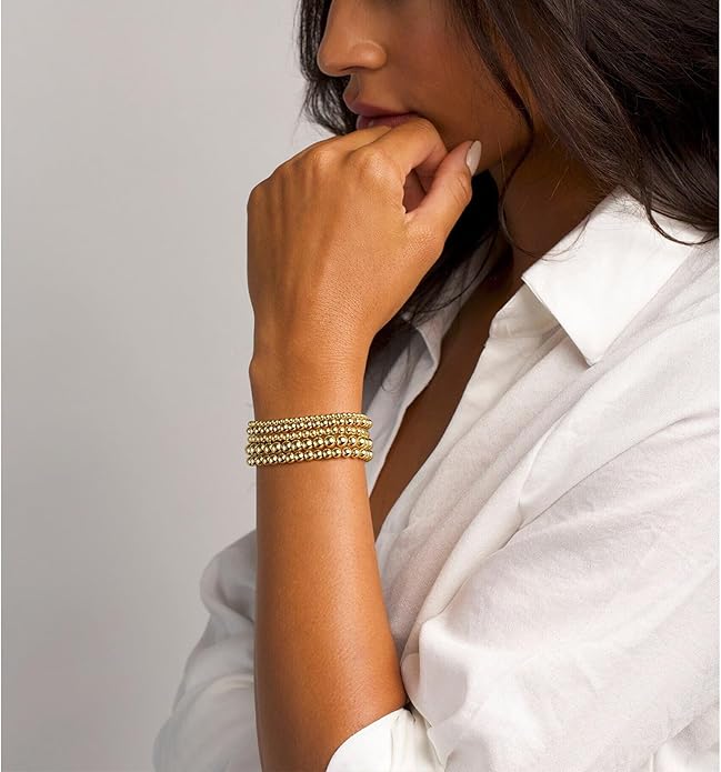 Valentines Day Gifts for Her Teen Wife Gold Beaded Bracelets for Women, 5 Pcs Dainty 14K Gold Plated Chunky Stretch Bead Ball Bracelet Stack