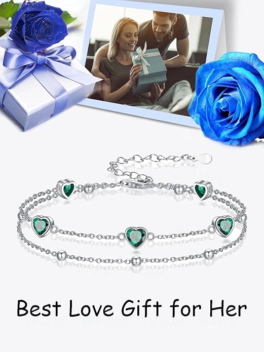 Birthstone Anklet/Bracelets for Women 925 Sterling Silver Charm Link Double Strand Heart Birthstone Jewelry Gift for Wife Women Mother's Day Gift