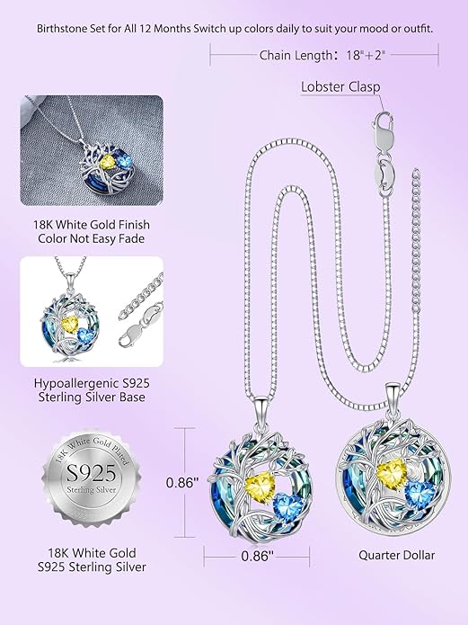 TOUPOP s925 Sterling Silver Family Celtic Tree of Life Pendant Necklaces with 2 Heart Birthstone with Blue Austrian Crystal Jewelry Birthday Valentines Day Gifts for Her, Anniversary Christmas Gifts for Wife Girlfriend Mom (18K Real White Gold Filled)