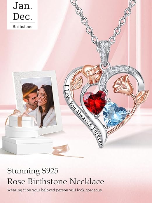 Valentine's Day Gifts for Wife 925 Sterling Silver Double Birthstone Pendant Necklaces I Love You for Always and Forever Necklace Anniversary Birthday Gifts for Wife Girlfriend Mom Her