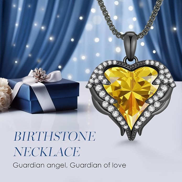 CDE Valentines Day Gifts for Women Angel Wings Necklace for Women with Birthstone, Love Heart Silver Tone/Gold Tone Pendant, Ideal Anniversary or Birthday Jewelry Gifts for Wife Girlfriend Her