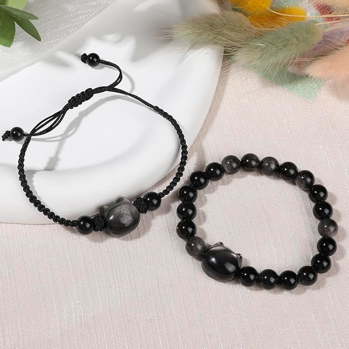 Black Obsidian Cat Bracelet and Moon Pendant Necklace Jewelry Set-Cat Lover Gifts,Wealth Attraction,Good Luck,Bead Bracelet,Mindfulness,Beaded Bracelets, Obsidian Pendant Necklace-Cute Gifts for Women