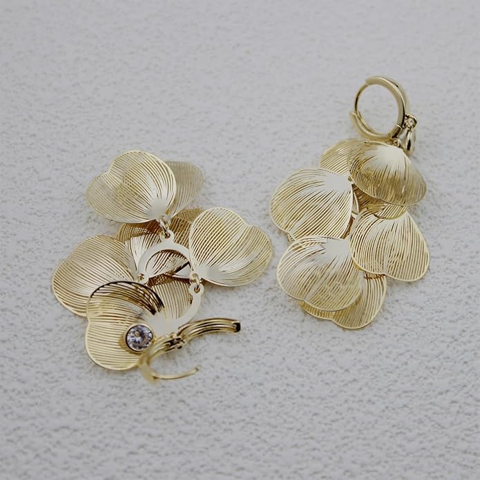 Boho Flower Layered Floral Leaf Drop Dangle Earring For Women,Metal CZ Gold Lightweight Flower Bohemian Gold Petal Exaggerated Jewelry Earrings For Women Brides Party Prom Wedding