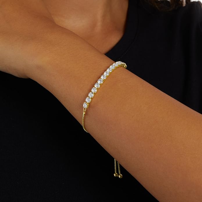 Amazon Essentials 14K Gold or Sterling Silver Plated Adjustable Cubic Zirconia Tennis Bracelet 9.5"