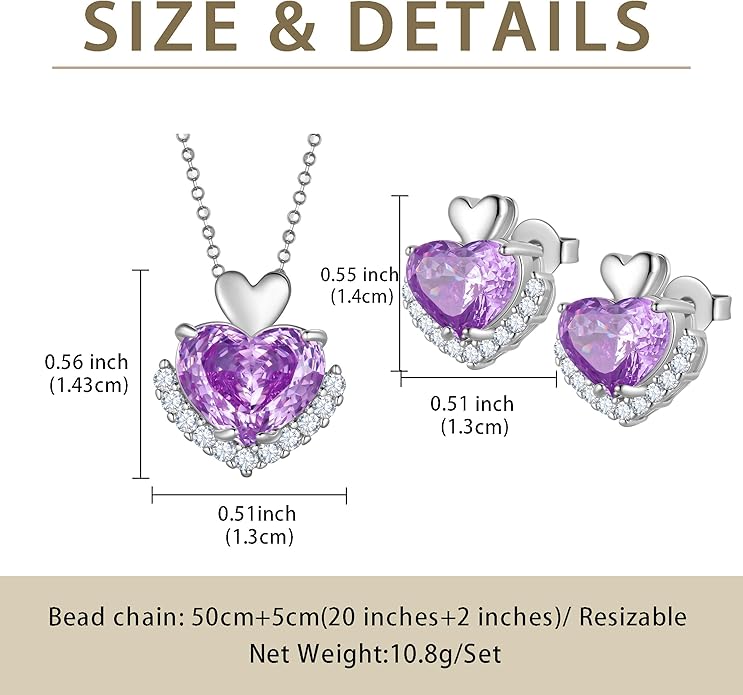 Love Heart Necklaces and Earrings with Rose Cut Birthstone Silver Plated Elegant Jewelry Set for Women CS0002
