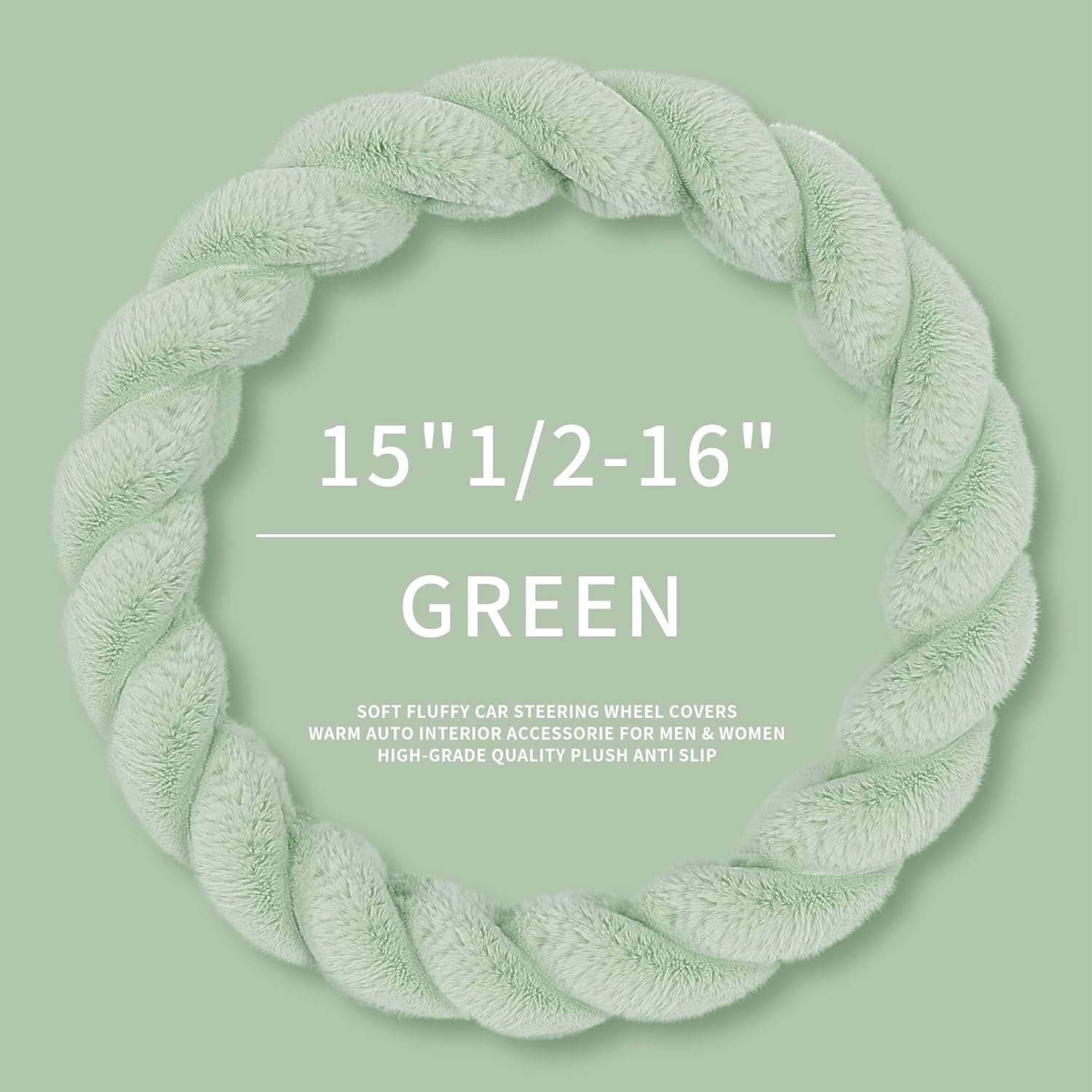 Luxury Fluffy Winter Car Steering Wheel Cover for Women Soft Warm Cute Auto Accessories for Jeep, Truck, Van, F150, Universal, Fuzzy, Anti Slip, Green, Large Size, 15.2-16in