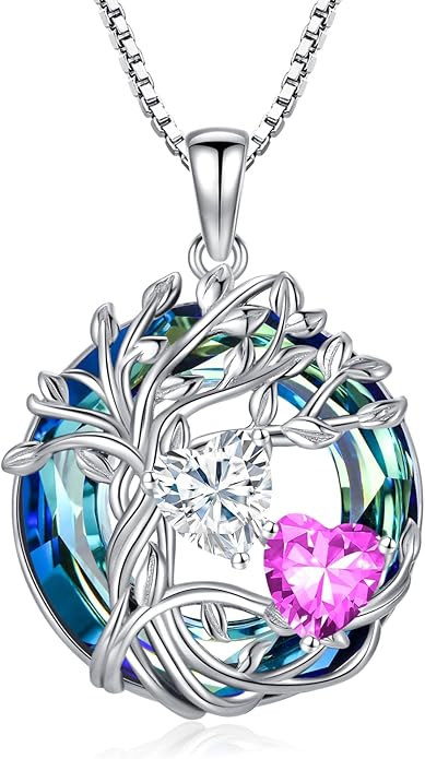 TOUPOP s925 Sterling Silver Family Celtic Tree of Life Pendant Necklaces with 2 Heart Birthstone with Blue Austrian Crystal Jewelry Birthday Valentines Day Gifts for Her, Anniversary Christmas Gifts for Wife Girlfriend Mom (18K Real White Gold Filled)