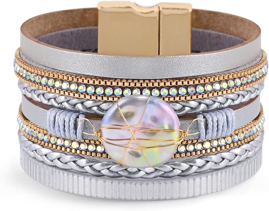 Wrapped Bracelets for Women,Leather Bracelet,Boho Bracelets for Women,Multi-Layer Pearl Crystal Bracelet Bangle Jewelry