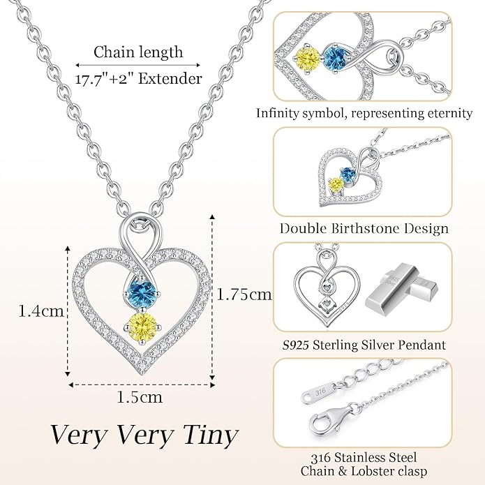 LOUISA SECRET Infinity Double Birthstone Necklace, 925 Sterling Silver Tiny Pendant Heart Necklace for Women Wife Her, Best Jewelry Gift Heart Jewelry Meaningful Gift for Valentine's Day, Christmas, Birthday Anniversary