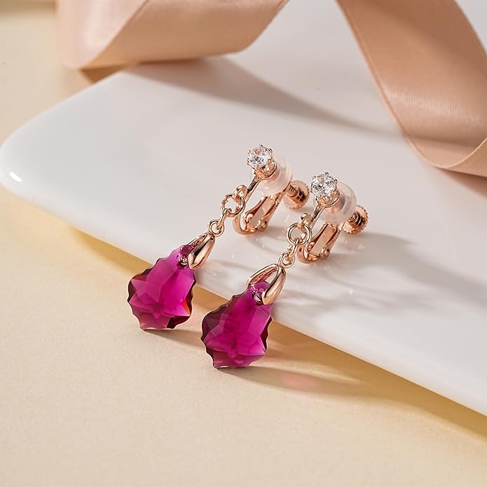 Austrian Crystal Baroque Drop Clip On Dangle Earrings for Women Non Pierced 14K Rose Gold Plated Hypoallergenic Jewelry