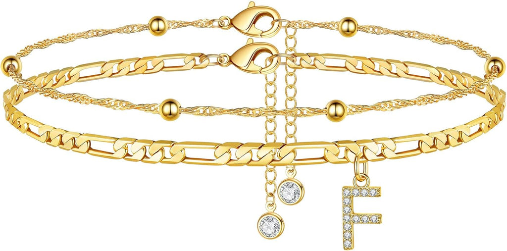 Ursteel Ankle Bracelets for Women, 14K Gold Plated Dainty Layered Chain CZ Initial Anklets Summer Jewelry Gifts for Women