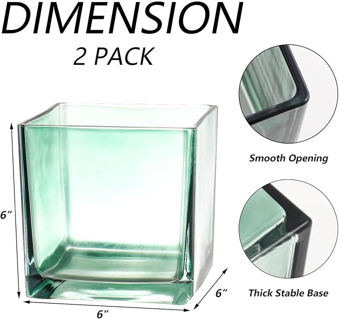 Square Green Glass Vases Set of 2, Flower Vases - Image 7