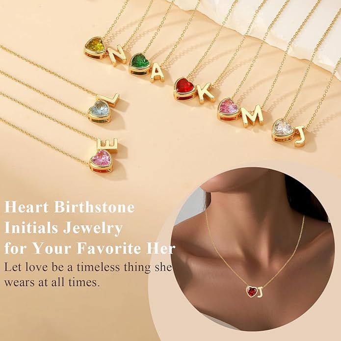 Valentines Day Gifts for Her- Heart Birthstone Initial Necklace for Women Girls,14K Gold Plated Heart Letter A-Z Necklace Birthday Trendy Jewelry Gifts for Women Girls Daughter