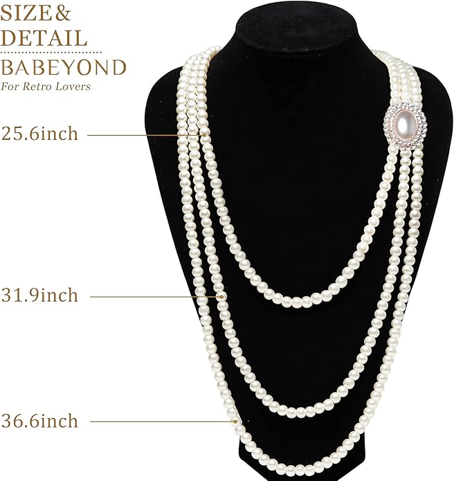 BABEYOND 1920s Gatsby Pearl Necklace Vintage Bridal Pearl Necklace Earrings Jewelry Set Multilayer Imitation Pearl Necklace with Brooch