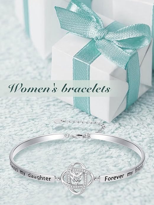 Valentines Day Gifts for Her, 18k White Gold Plated Love Knot Bracelets, Engraved Inspirational and Sentiment Bangle, Anniversary Birthday Jewelry Gift for Lover Wife Girlfriend Sister Friends