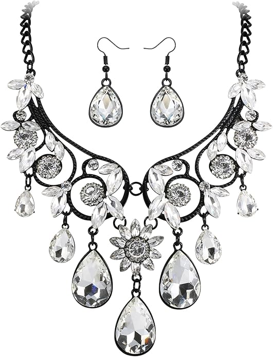 BriLove Women's Tribal Ethnic Crystal Chunky Statement Necklace Dangle Earrings Set