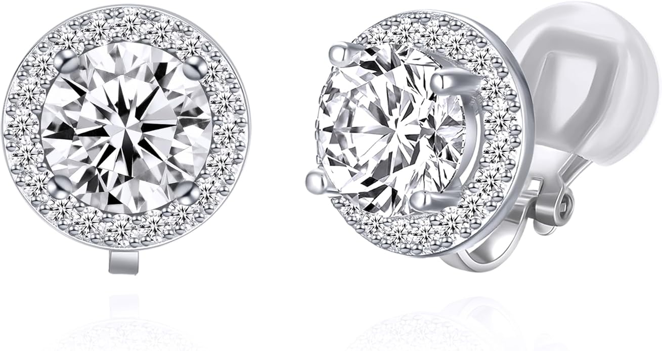 YOQUCOL 8MM Cubic Zirconia Crystal Clip On Stud Earrings Round Non Pierced Earrings for Women