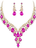 BriLove Women's Wedding Bridal Austrian Crystal Teardrop Flower Cluster Statement Necklace Dangle Earrings Jewelry Set for Party Prom