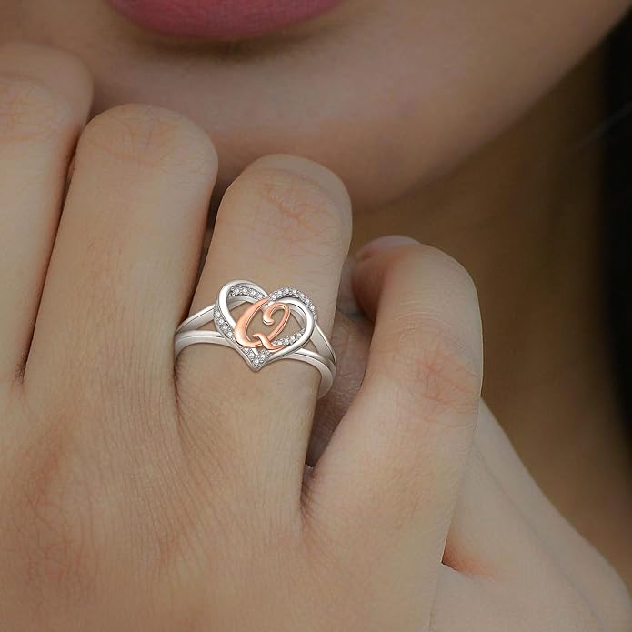INFUSEU 925 Sterling Silver Initial Heart Ring for Women Girls, Adjustable Size