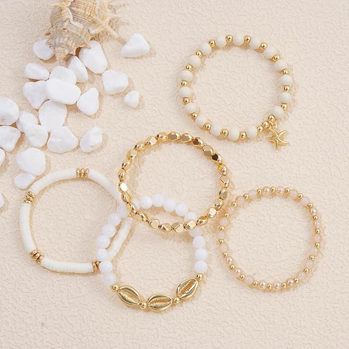GOOJIDS Surfer Heishi Clay Bead Bracelets for Women Bohemian Stackable Gold Plated Beaded Stretch Bracelets Elastic Layering Friendship Bracelets Set Boho Jewelry