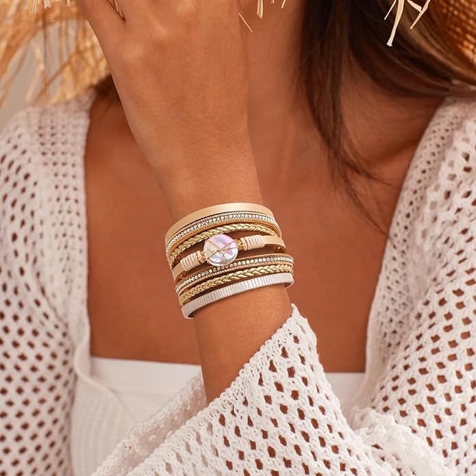 Wrapped Bracelets for Women,Leather Bracelet,Boho Bracelets for Women,Multi-Layer Pearl Crystal Bracelet Bangle Jewelry