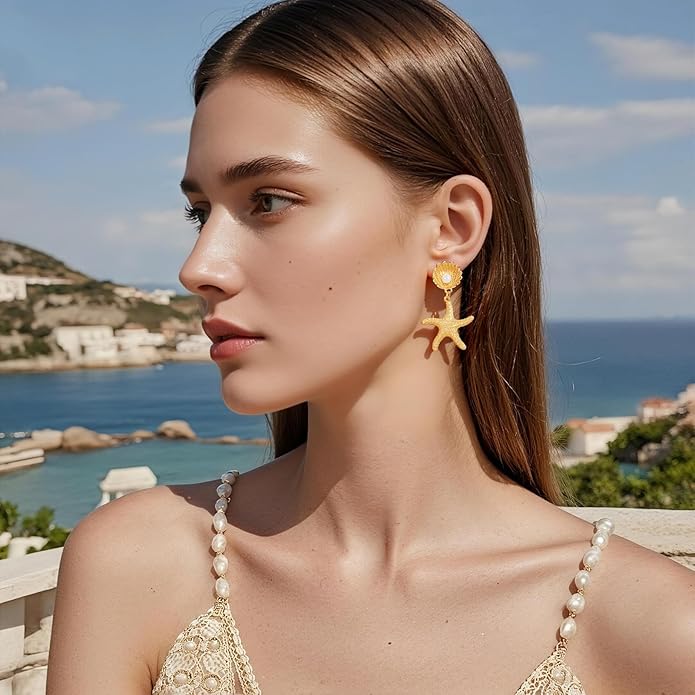 Coiris 4 Pairs Shell Starfish Earrings Set for Women Seashell Gold Dangle Earrings Chunky Drop Beach Summer Jewelry