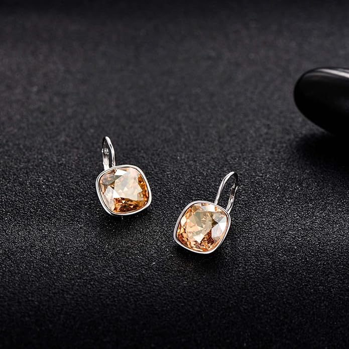 AOBOCO Sterling Silver Leverback Earrings Embellished with Crystals from Austria, Hypoallergenic Cushion Cut Square Crystal Earrings, Fine Anniversary Birthday Jewelry Gifts for Women