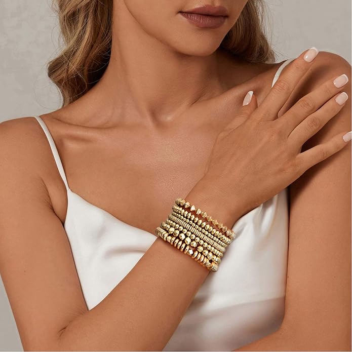Gold Plated Beaded Bracelets for Women Trendy, 14K Gold Plated Stack Cross Pearl Gold Plated Bead Stretch Bracelets Set Elastic Hypoallergenic Bracelets Jewelry Gifts
