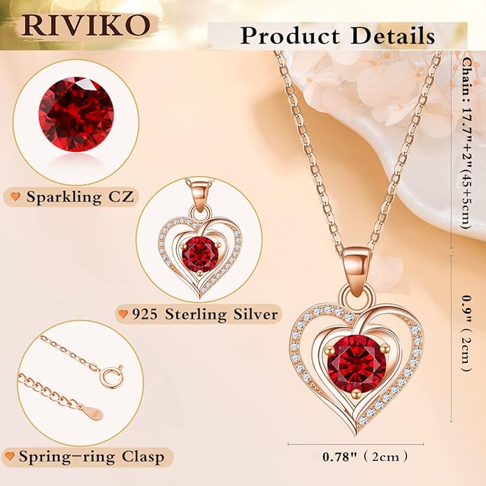RIVIKO Heart Birthstone Pendant Necklace for Women 925 Sterling Silver Zirconia Necklaces Valentine's Day Anniversary Birthday Mothers Day Jewelry Gifts For Her Mother Wife