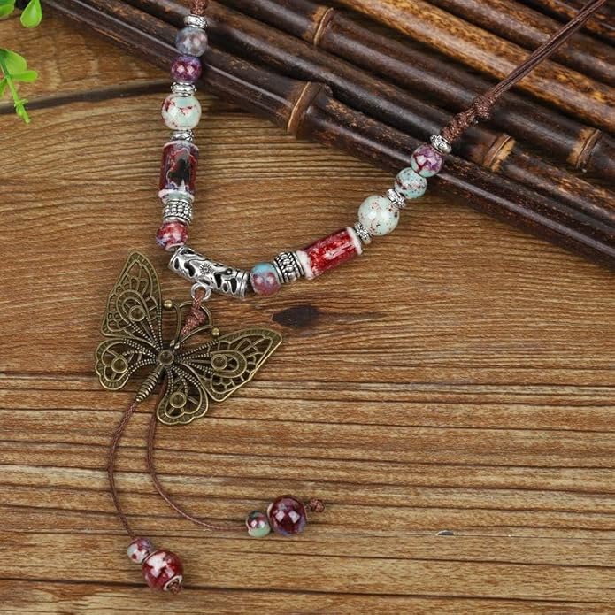 Boho Style Colorful Ceramic Bead Strand Necklace Adjustable Bohemian Jewelry Gift for Women, Fashion Clothing Matching Necklace