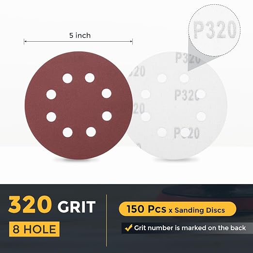 HARFINGTON 150 Pcs 5 Inch Sanding Discs 320 Grit Red Aluminum Oxide 8 Hole | - Image 2