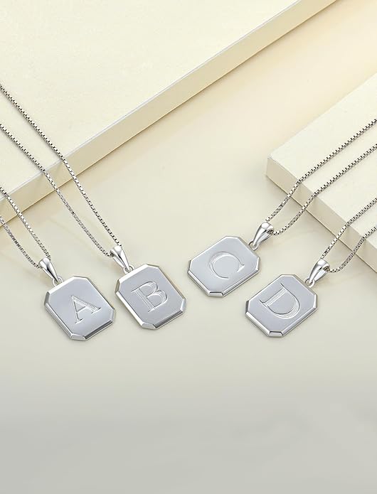 YL Initial Necklace 925 Sterling Silver Square/Round/Heart Letter Pendant A-Z Alphabet Polished Jewelry for Women