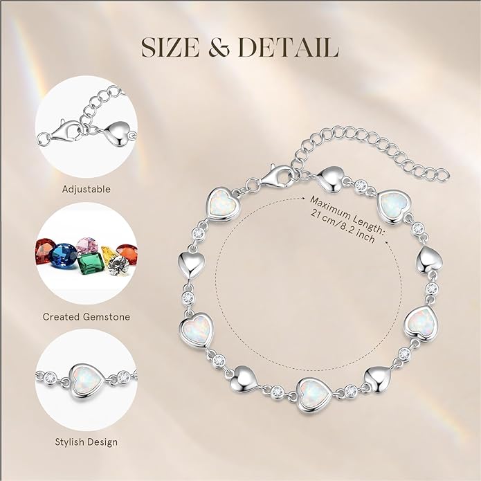 Carleen Birthstone Bracelets for Women 925 Sterling Silver Five Heart Station Created Gemstone Tennis Bracelet Jewelry Anniversary Birthday for Wife, 7"+1.2" Extender