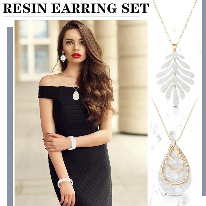 Highergo 8 Pcs Acrylic Jewelry Set Women Statement Earrings Necklace Bracelet Marble Texture Floral Necklace Set for Women