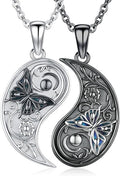 MEDWISE Butterfly Flower Yin Yang Necklace Double S925 Sterling Silver Sun Moon Pendant Partner Friendship Couples BFF Pendant Necklace Yin Yang Jewelry Matching Set for Her Women
