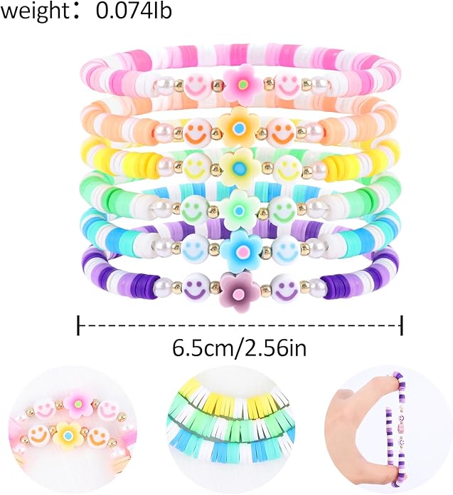 Bohemian Colorful Beaded Bracelets for Women Boho Stackable Natural Stone Letter Clay Glass Beads Stretch Bracelet Set with Charm, Cute Rainbow Friendship Bracelets for Summer Vacation