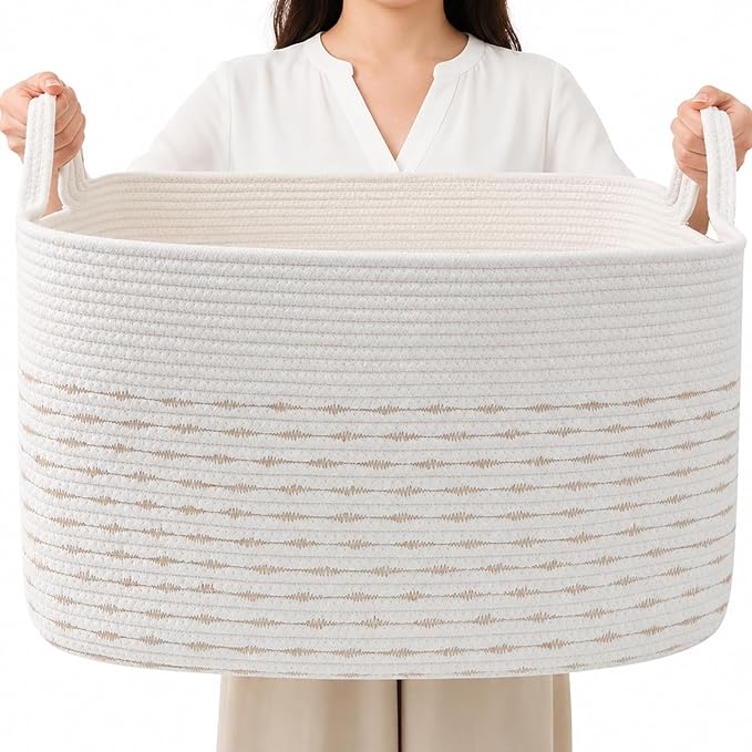 65L Large Laundry Basket with Handles, Woven Blanket Basket, Living Room by HZFTJOY