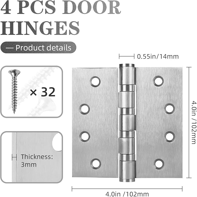 4 Pack Stainless Steel Silver Door Hinges, Heavy Duty Door Hardware, 4 x 4 Inch - Image 2