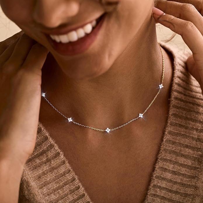 VRIUA Necklaces for Women - 14K Gold/Silver Plated Dainty Chain Necklace with Five Charms: Diamond, Bow, Snowflake, Cross, Flower, Clover, Butterfly, Heart, Star of David, and Star Trendy Jewelry