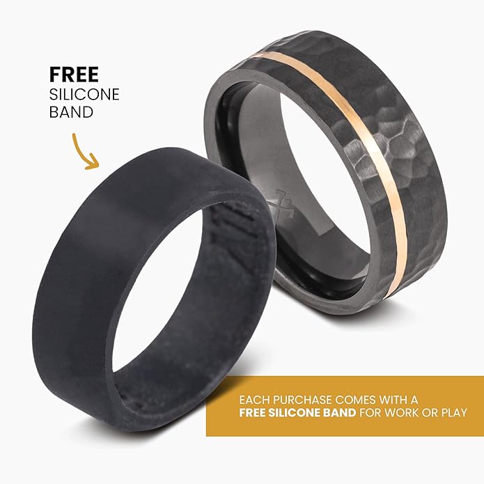 Manly Bands: Mens Black Plated Tungsten and Black Zirconium Wedding Bands and Rings - Comfort Fit and Stylish Black Rings for Men, Free Silicone Ring Included