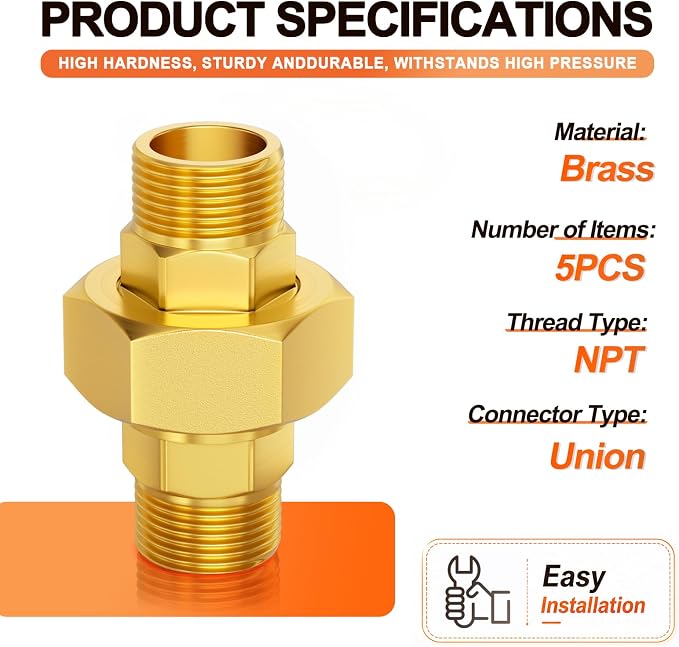 GASHER 5PCS 3/8" MNPT Brass Union Pipe Fitting | 3/8 Inch Male x 3/8 Inch Male - Image 2