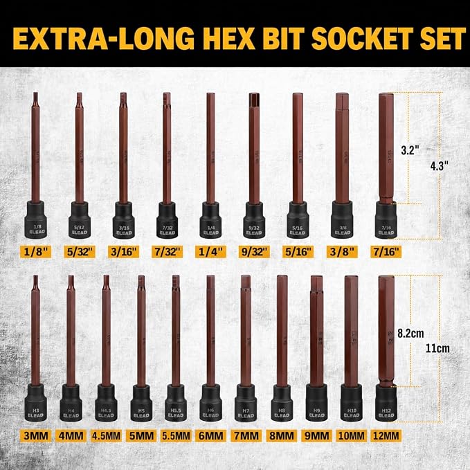 Extra-Long Allen Hex Bit Socket Set: 20-Piece 3/8 Inch Drive, 110mm S2 Steel - Image 2