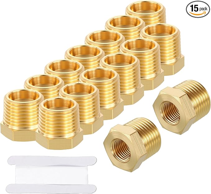 15 Pack Male to FeMale Adapters, 3/8" Male NPT x 1/8" FeMale NPT Brass Hex by Rebower