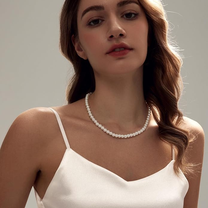 Zeffy Pearl Necklace 4MM/6MM/8MM Dainty Round Imitation Pearl Choker Necklace Wedding Pearl Necklace Delicate Jewelry for Women Simple Bridesmaid Jewelry Gifts