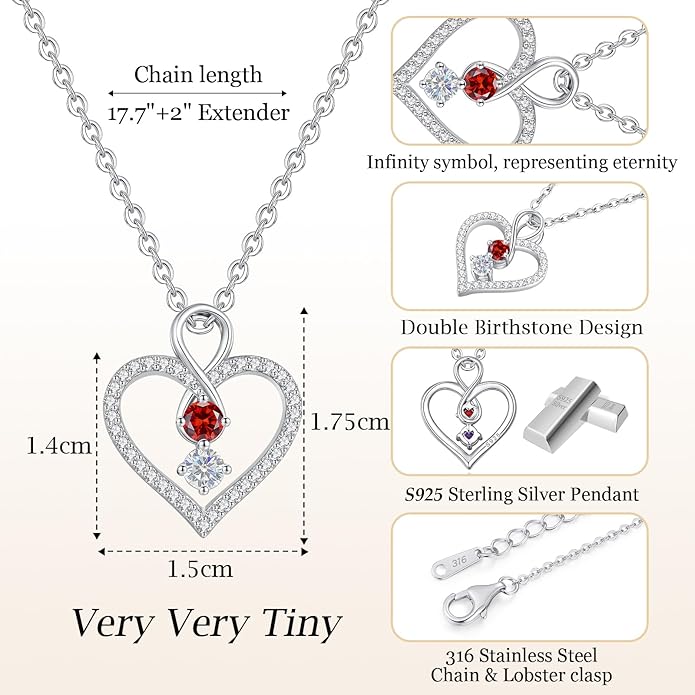 LOUISA SECRET Infinity Double Birthstone Necklace, 925 Sterling Silver Tiny Pendant Heart Necklace for Women Wife Her, Best Jewelry Gift Heart Jewelry Meaningful Gift for Valentine's Day, Christmas, Birthday Anniversary