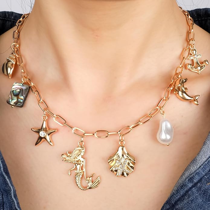 [3 Trendy Styles] Women's Necklaces - Alloy with Glass Crystals & Pearls, Electroplated O - Link Chain, Mermaid Inspired by Fantasy Aesthetics/Bow with Y2K Sweet Charm/Cherry Fruit in the Latest Kawaii Vibe, 47cm(18.5in) Chain Length + 6.5cm(2.55in) Ex...