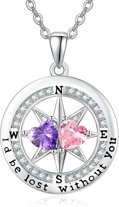 Compass Necklace for Women, Exquisite S925 Valentines Day Anniversary Birthday Gifts for Wife Her Double Birthstone Pendant Jewelry ‘I'd be Lost Without You’