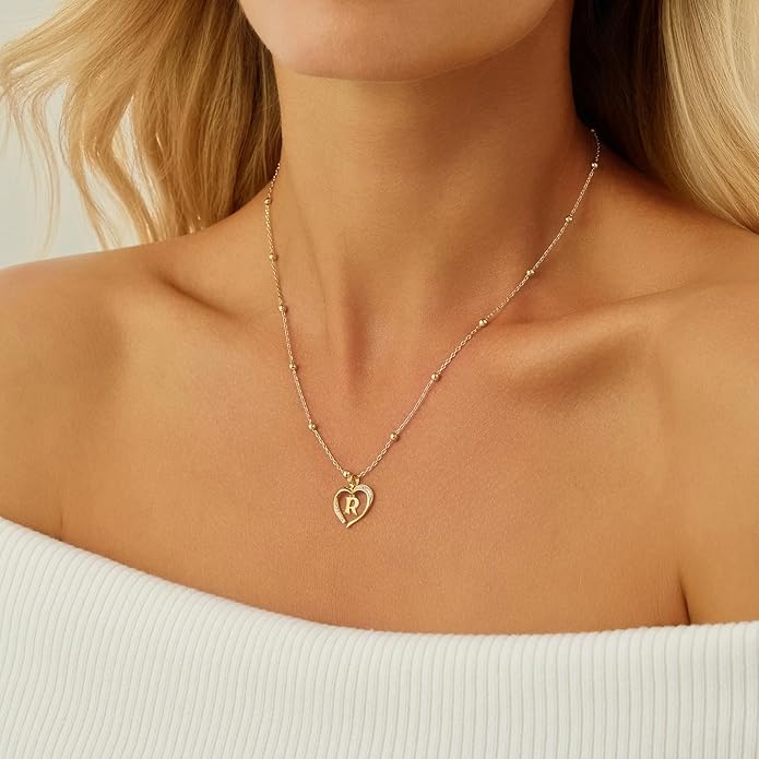 Cicy Bell Womens Heart Initial Necklace for Women 18k Gold Plated Shell Personalized Letter Pendant Necklace 17.7'' with 2'' Extender