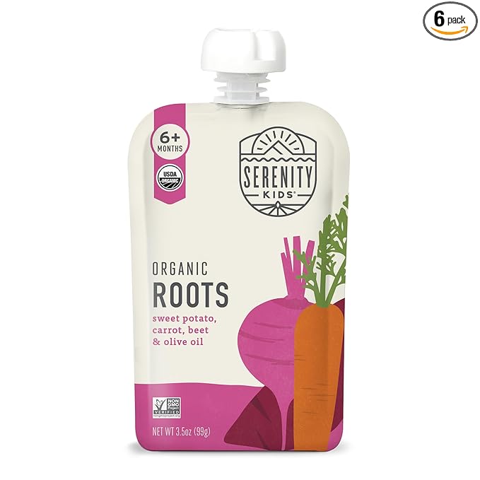 Serenity Kids 6+ Months Baby Food Pouches USDA Organic Veggie Puree - BPA-Free - No Added Sugar Allergen-Free - Savory Sweet Potato & Carrot, Beet Baby Snacks - 3.5 Oz, 6 Pack